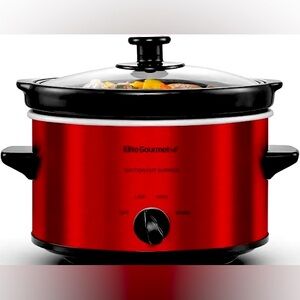2Qt Electric Slow Cooker Glass Lid Metallic Red Kitchen Cooking Natural Meals
